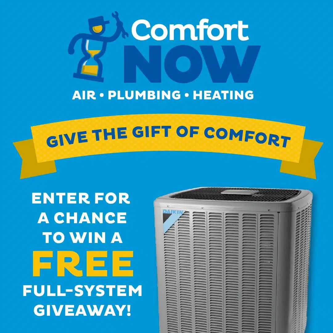 a blue and yellow advertisement with a heat pump comfort now